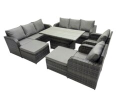 Rackhams Rattan Garden Furniture Dining Set 10 seater Patio Height Adjustable Rising Lifting Table Sofa Set with 2 Big Footstool Dark Grey Mixed - thumbnail 2