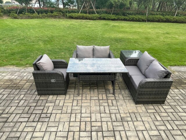 Rackhams Lounge Rattan Sofa Set Outdoor Garden Furniture Oblong Rectangular Dining Table With Chairs Side Table Dark Grey Mixed - image 1