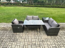 Rackhams Lounge Rattan Sofa Set Outdoor Garden Furniture Oblong Rectangular Dining Table With Chairs Side Table Dark Grey Mixed - thumbnail 1