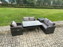 Rackhams Lounge Rattan Sofa Set Outdoor Garden Furniture Oblong Rectangular Dining Table With Chairs Side Table Dark Grey Mixed - thumbnail 2