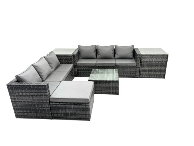 Rackhams Outdoor Rattan Garden Furniture Set 7 Seater Patio Lounge Sofa Set with Square Coffee Table 2 Side Table Big Footstool Dark Grey Mixed - image 1
