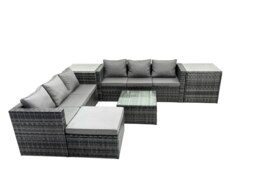 Rackhams Outdoor Rattan Garden Furniture Set 7 Seater Patio Lounge Sofa Set with Square Coffee Table 2 Side Table Big Footstool Dark Grey Mixed - thumbnail 1