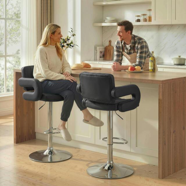 Rackhams Bar Stools Adjustable Swivel with Armrest Set of 2 Black - PU, Steel - Black - 2 - image 1