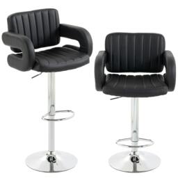 Rackhams Bar Stools Adjustable Swivel with Armrest Set of 2 Black - PU, Steel - Black - 2 - thumbnail 2