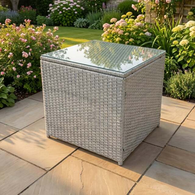 Rackhams Light Grey Rattan Cube Side Table Tea Coffee Table Outdoor Garden Furniture Accessory With Clear Tempered Glass - image 1