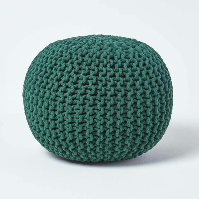 Rackhams Round Cotton Knitted Pouffe Footstool Bean Filled Hand Knitted - Forest Green - image 1