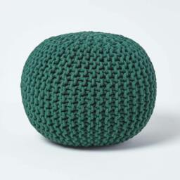 Rackhams Round Cotton Knitted Pouffe Footstool Bean Filled Hand Knitted - Forest Green