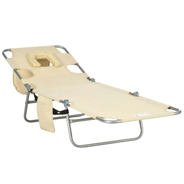 Rackhams Foldable Sun Lounger, Beach Chaise Lounge with Reading Hole, Arm Slots, 5-Position Adjustable Backrest, Side Pocket, Pillow, Beige - image 1