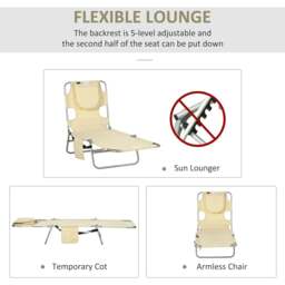 Rackhams Foldable Sun Lounger, Beach Chaise Lounge with Reading Hole, Arm Slots, 5-Position Adjustable Backrest, Side Pocket, Pillow, Beige - thumbnail 4