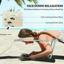 Rackhams Foldable Sun Lounger, Beach Chaise Lounge with Reading Hole, Arm Slots, 5-Position Adjustable Backrest, Side Pocket, Pillow, Beige - thumbnail 5