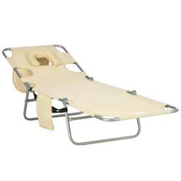 Rackhams Foldable Sun Lounger, Beach Chaise Lounge with Reading Hole, Arm Slots, 5-Position Adjustable Backrest, Side Pocket, Pillow, Beige - thumbnail 1
