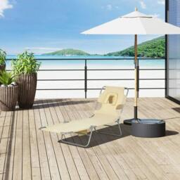 Rackhams Foldable Sun Lounger, Beach Chaise Lounge with Reading Hole, Arm Slots, 5-Position Adjustable Backrest, Side Pocket, Pillow, Beige - thumbnail 2