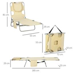 Rackhams Foldable Sun Lounger, Beach Chaise Lounge with Reading Hole, Arm Slots, 5-Position Adjustable Backrest, Side Pocket, Pillow, Beige - thumbnail 3