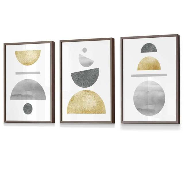 Rackhams Golden Yellow and Grey Mid Century Geometric Framed Set of 3 Wall Art - 50x70cm - Light Walnut - image 1