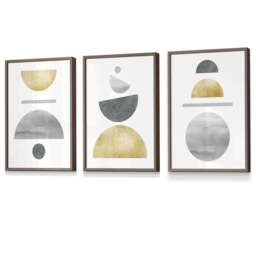 Rackhams Golden Yellow and Grey Mid Century Geometric Framed Set of 3 Wall Art - 50x70cm - Light Walnut