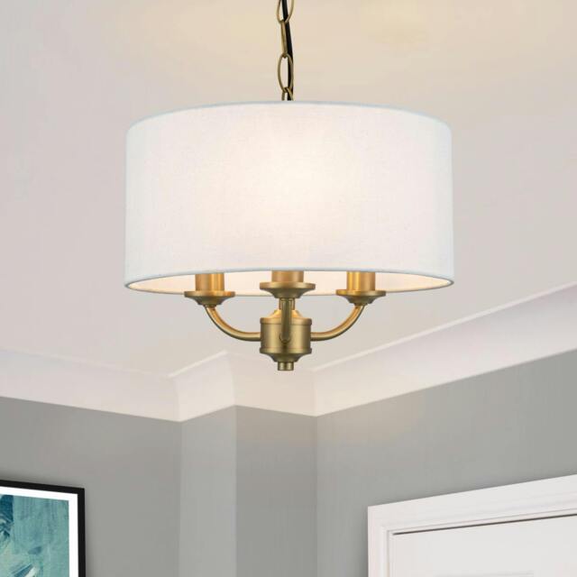 Rackhams Winston 3 Light Faux Linen Shade Pendant Light - Brass - image 1