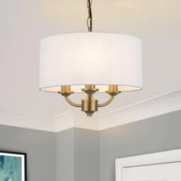 Rackhams Winston 3 Light Faux Linen Shade Pendant Light - Brass