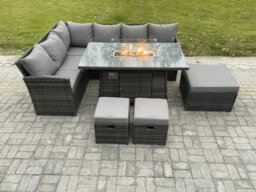 Rackhams Rattan Garden Furniture High Back Corner Sofa Gas Fire Pit Dining Table Sets Gas Heater with 3 Footstools 9 Seater Dark Grey Mixed - thumbnail 2