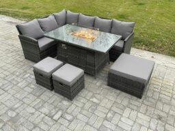 Rackhams Rattan Garden Furniture High Back Corner Sofa Gas Fire Pit Dining Table Sets Gas Heater with 3 Footstools 9 Seater Dark Grey Mixed - thumbnail 1
