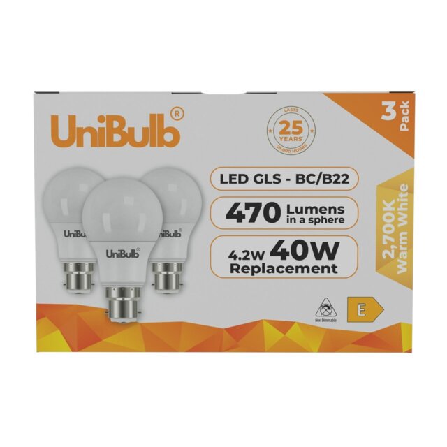 Rackhams LED GLS B22 470lm 4.2W 2700K (Warm White) Light Bulb - Pack of 3 - image 1