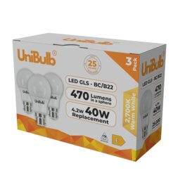 Rackhams LED GLS B22 470lm 4.2W 2700K (Warm White) Light Bulb - Pack of 3 - thumbnail 2