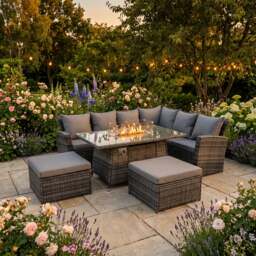 Rackhams 7 Seater Rattan Garden Furniture Set with Corner Sofa, Gas Fire Pit Table & 2 Footstools - Dark Grey Mixed