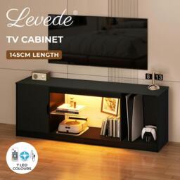 Rackhams TV Stand Entertainment Unit TV Cabinet Stand Storage with LED 140cm Black - thumbnail 2