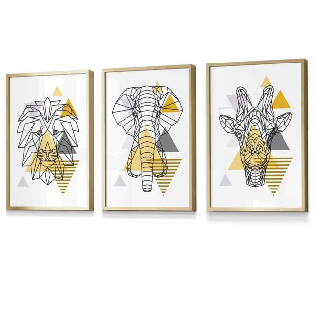 Rackhams Yellow Geometric Giraffe Lion Elephant Set of 3 Framed Wall Art - 59x84cm (A1) - Gold - image 1