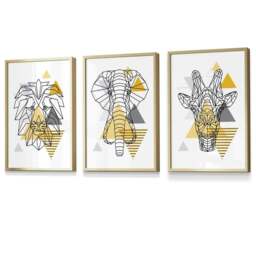 Rackhams Yellow Geometric Giraffe Lion Elephant Set of 3 Framed Wall Art - 59x84cm (A1) - Gold