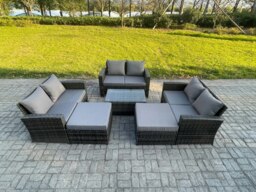 Rackhams Rattan Garden Furniture Set 8 Seater Patio Outdoor Lounge Sofa Set with Rectangular Coffee Table 2 Big Footstool Dark Grey Mixed - thumbnail 1