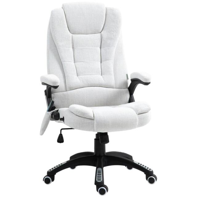Rackhams Massage Recliner Chair Heated Office Chair with Six Massage Points Linen-Feel Fabric 360° Swivel Wheels Cream White