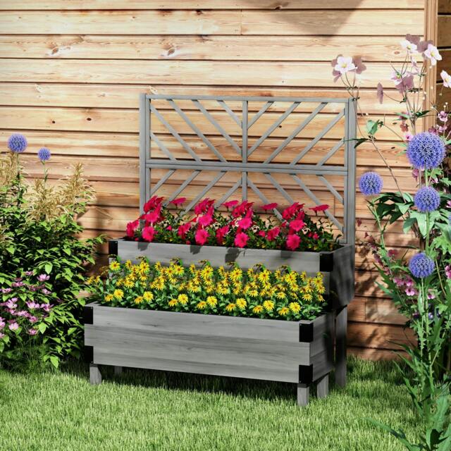 Rackhams 2-Tier Wooden Raised Bed with Trellis, Elevated Garden Planter - image 1