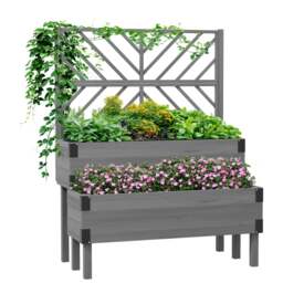 Rackhams 2-Tier Wooden Raised Bed with Trellis, Elevated Garden Planter - thumbnail 3