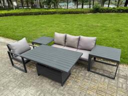 Rackhams 5 Piece Aluminium Garden Furniture Set Lounge Seating Adjustable Rising Lifting Dining Table Set with Cushions 2 Side Tables Dark Grey - thumbnail 1