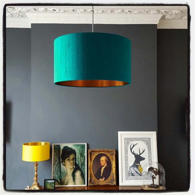 "Rackhams Teal Silk Lampshade With Copper Foil Lining - 25cm Diameter x 25cm Height / (10"" x 10"")" - image 1