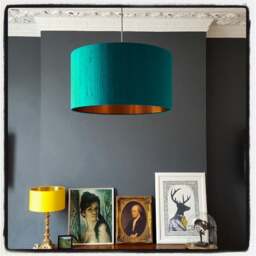 "Rackhams Teal Silk Lampshade With Copper Foil Lining - 25cm Diameter x 25cm Height / (10"" x 10"")"