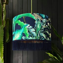 "Rackhams Rainforest Velvet Lampshade With Gold Lining and Indigo Fringing - Ceiling Pendant / Arc Lamp - 35cm Diameter x 25cm Height (14"" x 10"")" - thumbnail 3
