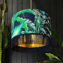 "Rackhams Rainforest Velvet Lampshade With Gold Lining and Indigo Fringing - Ceiling Pendant / Arc Lamp - 35cm Diameter x 25cm Height (14"" x 10"")"