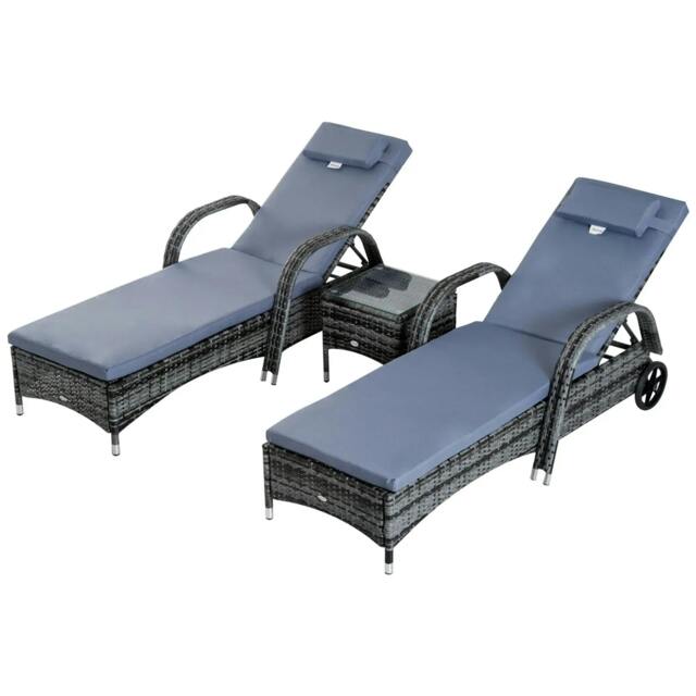 Rackhams 3 Pieces Rattan Sun Loungers, Garden Wicker Wheeling Recliner , PE Rattan Lounge Chairs w/ Cushions & Side Coffee Table Grey - image 1