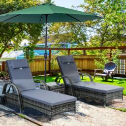 Rackhams 3 Pieces Rattan Sun Loungers, Garden Wicker Wheeling Recliner , PE Rattan Lounge Chairs w/ Cushions & Side Coffee Table Grey - thumbnail 2