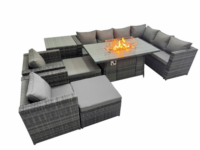 Rackhams Garden Rattan Furniture Set 10 Seater Outdoor Corner Sofa 2 Chair Gas Fire Pit Dining Table Set with 2 Big Stools Side Table Dark Grey - image 1