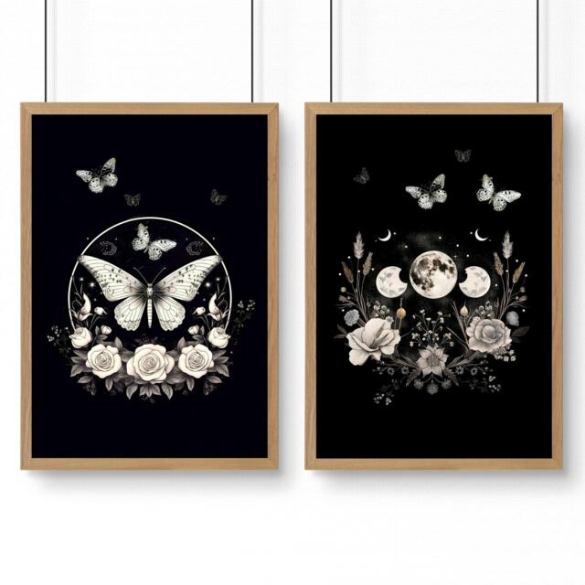 Rackhams Butterfly Art Wall Decor - Set of 2 Dark Academy Wall art Prints - A3 11.69 x 16.54 in / 29.7 x 42 cm - Satin Photo paper 280 gsm - Oak Frame - image 1