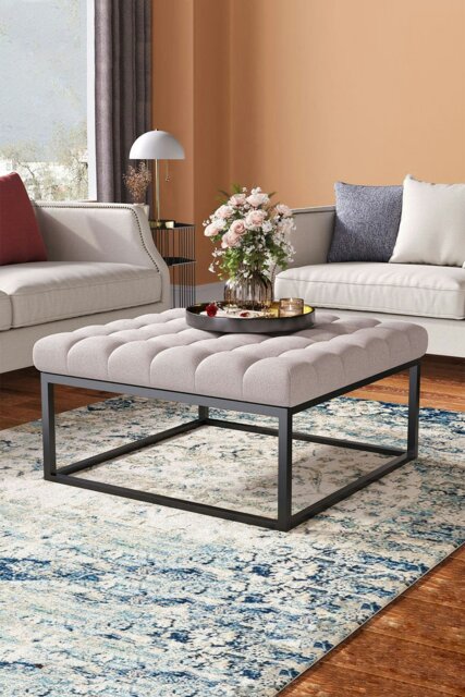 Rackhams Square Linen Footstool with Metal Frame - Beige - image 1