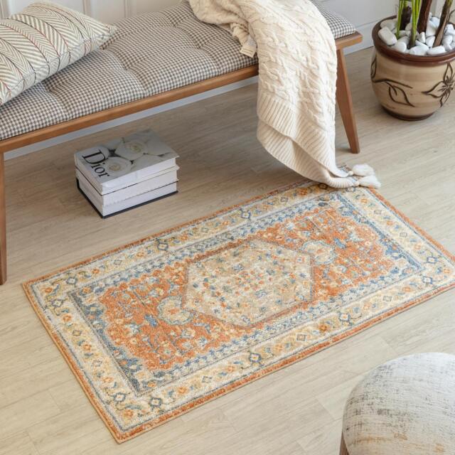 Rackhams Lillian-Washable Orange Brown Traditional Vintage Boho Rug - 66 x 115 cm - image 1