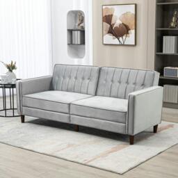 Rackhams Modern Convertible Sofa Futon Velvet-Touch Tufted Couch Compact Loveseat with Adjustable Split Back, Light Grey - thumbnail 2