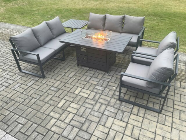 Rackhams Aluminium 6 Pieces Garden Furniture Sofa Set with Cushions 8 Seater Gas Fire Pit Dining Table Set with Side Table Dark Grey