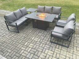 Rackhams Aluminium 6 Pieces Garden Furniture Sofa Set with Cushions 8 Seater Gas Fire Pit Dining Table Set with Side Table Dark Grey