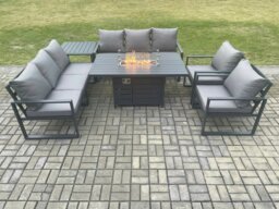 Rackhams Aluminium 6 Pieces Garden Furniture Sofa Set with Cushions 8 Seater Gas Fire Pit Dining Table Set with Side Table Dark Grey - thumbnail 2