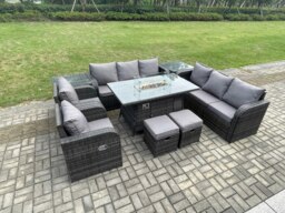Rackhams Rattan Outdoor Garden Furniture Set with Gas Fire Pit Dining Table, 2 Side Tables, 2 Chairs, 2 Sofas, 2 Footstools - 10 Seater - Dark Grey - thumbnail 2