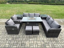Rackhams Rattan Outdoor Garden Furniture Set with Gas Fire Pit Dining Table, 2 Side Tables, 2 Chairs, 2 Sofas, 2 Footstools - 10 Seater - Dark Grey - thumbnail 1